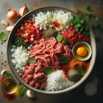 Mixing the bowl which includes rice, onions, garlic, tomatoes, tomato paste, olive oil, mint, paprika, salt, and pepper