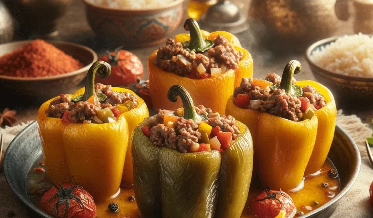 stuffed peppers with meat inside, arranged on a tray