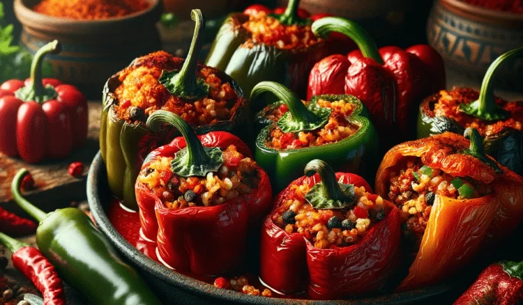 Spicy stuffed peppers arranged on a tray