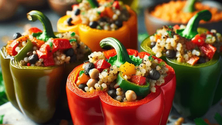 Vegan stuffed peppers with vegetables arranged on a tray
