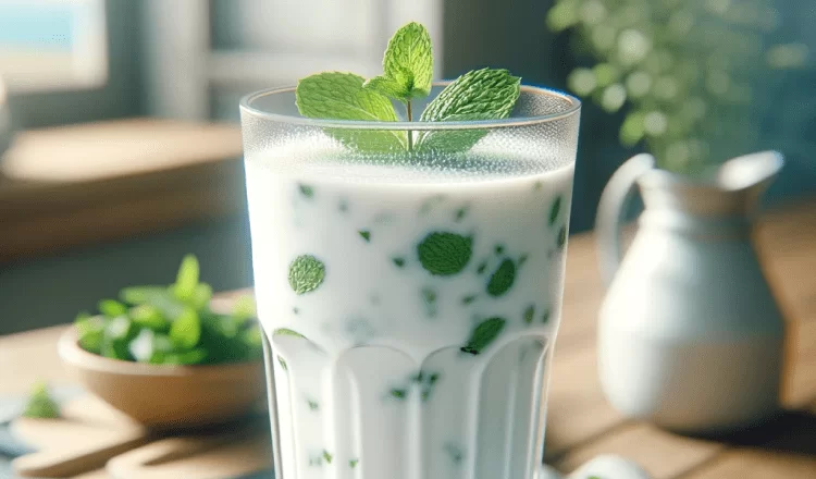 A glass of ayran representing traditional Turkish mint ayran